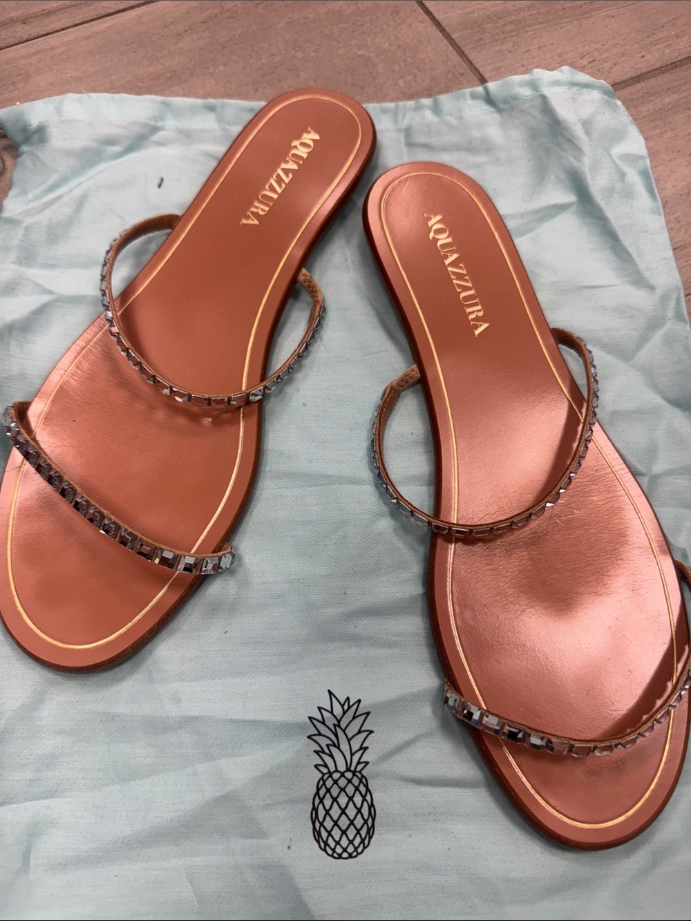 Aquazzura Bronze Leather Slide Sandals with Crystal Straps